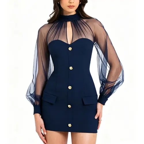 OYS Women's Sexy Sweetheart Neckline Mock Neck Puff Long Sleeves Mesh Bodycon Cocktail Club Party Mini Dress