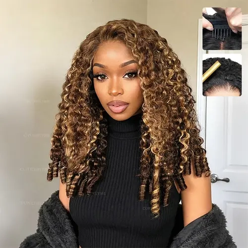 Pobokix Women's Burmese Curly Human Hair Half Wig - 200% Density, P4/27 Highlight Curls, 3-in-1 Seamless Flip-Over, Beginner-Friendly Glueless, Spiral Ends, Burmese Curly Wigs, Burmmese Curly Wigs