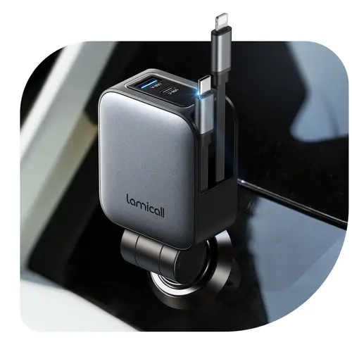 Lamicall 4-in-1 100W USB-C Phone Charger - Slim Ultra-Compact Adjustable Magnetic Charging Dock with Retractable Cable, PD Fast Car/Travel Electronic Smartphone Charger Compatible with iPhone 16/15 Pro Max, Galaxy S25/S24 Ultra (Wireless+USB Support)