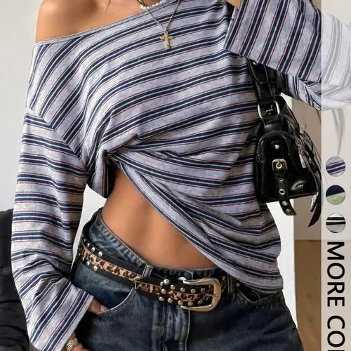 Women's Millennial Style Striped Loose Long Sleeve Top, Casual Basic Vintage Streetwear T-Shirt