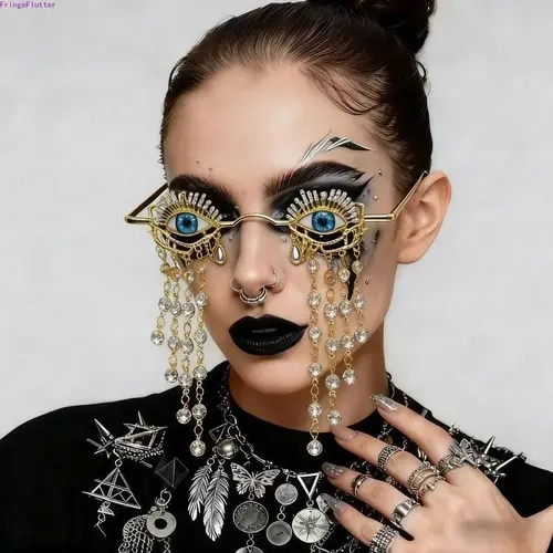 Women's Gothic Witch Sunglasses - Small Metal Frames, Rhinestone-Embellished Eyeball Eyes, Dangling Tassels, Creepy Accessories, Roleplay Accessories, Cool Unique Gifts for Women, Halloween Party Decor, Sohochic