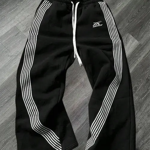 Men's Baggy Sweatpants - Mid Waist Drawstring Side-Striped Wide-Leg Track Pants, Elastic Waist Straight-Cut Athleisure Gym Clothes, Gym Fitness Sportswear for Jogging, Commuting, Streetwear Clothing