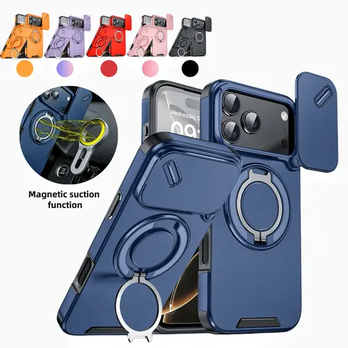 Protective Magnetic Shockproof PC+TPU Cellphone Case for iPhone 12/13/14/15/16/17/18 Pro Max Various Models, Military-Grade Accessory with Sliding Lens Protector, 360° Rotatable Stand, Screen Protector-Compatible Devices