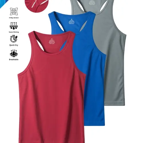 3-Pack Men's Sporty Sleeveless Tops, Reflective Back Design, Slim Fit, Plain Color, Ideal for Gym, Hiking, Basketball, Running, Workout Tank