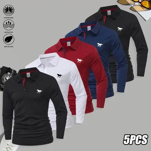 Men's 5-Piece Longsleeve Polo Shirts Set - Polyester Fabric, Turn-Down Collar, Casual Classic, Stylish Comfortable, Multi-Size, Light Business & Golf Top, All-Season Menswear, Longsleeves