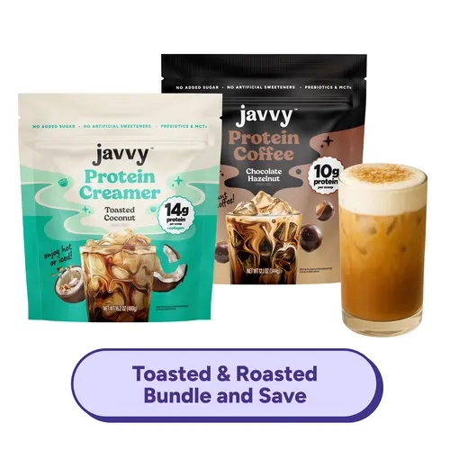 Javvy Tropical Choco Hazelnut Duo TikTok Exclusive Bundle Chocolate Hazelnut Protein Coffee and Toasted Coconut Collagen Creamer Premium Whey Protein Instant Mix, 100% Natural, No Artificial Flavors & Sweeteners, No Added Sugar, 80 mg Caffeine Per Serving