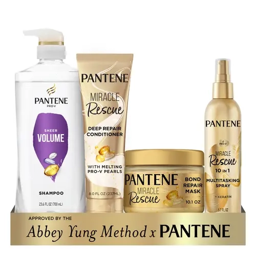Pantene Abbey Yung Method 4-Piece Set with Pro-V Sheer Volume Shampoo (23.6 oz), Miracle Rescue Multi-Tasking Leave-In Spray (5.7 oz), Miracle Rescue Deep Repair Conditioner (8 oz), and Miracle Rescue Intensive Bond Repair Mask (10.1 oz)