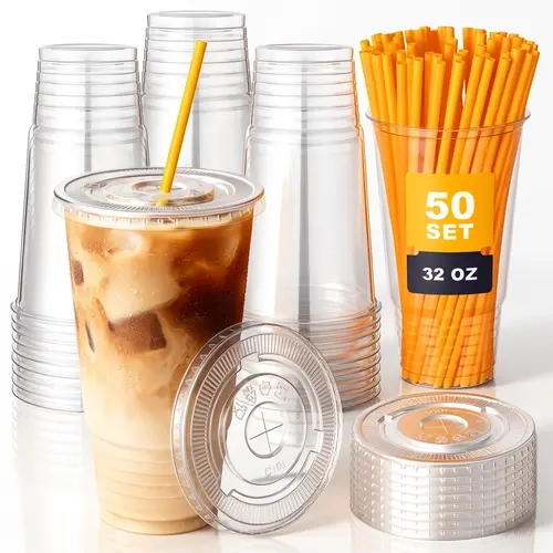 50-Pack 32oz BPA-Free Recyclable Leak-Proof Transparent Disposable Plastic Party Cups with Lids & Orange Straws, Plastic Cup Disposable Tableware Supplies for Iced Coffee, To-Go Use