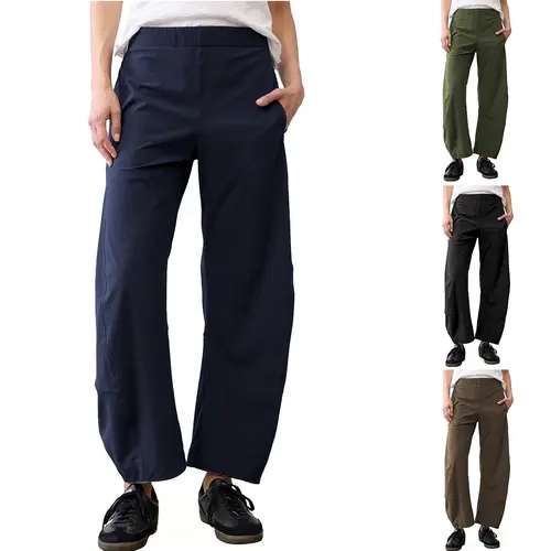 SCUSTY Women's Barrel Travel Pants Elastic Waistband Tapered Baggy Mid Rise Work Lounge Trousers Soft Lightweight Wrinkle Resistant Daily Casual Bottoms With Functional Side Pockets Multi Neutral Colors For Vacation Office Daily Wear SohoChic