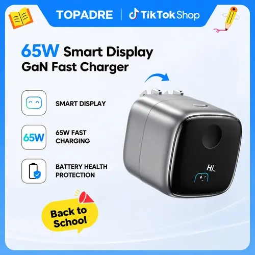 TOPADRE 65W Speed USB-C Wall Charger (Single Unit) - LED Display, Foldable Plug, Device Detect, Temperature Control, Safe Compact Power Block, Charger for iPhone 18/17/16/15 Series, MacBooks/iPads, Smartphones