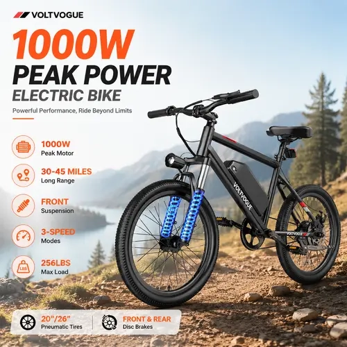 【VOLTVOGUE】1000W Peak Fat Tire Electric Bike for Adults, 20"/26" E-Bike with Front & Rear Suspension, 30-45 Miles Long Range, Thumb Throttle, 3-Speed Modes