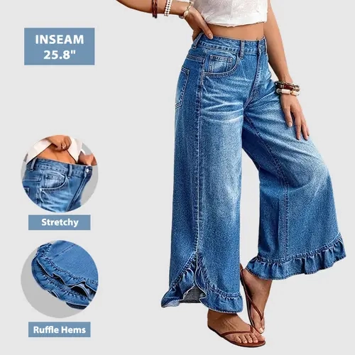 Flamingals Wash Ruffle Hem Split Mid Waist Wide Leg Jeans Womenswear Stretchy 26" Inseam
