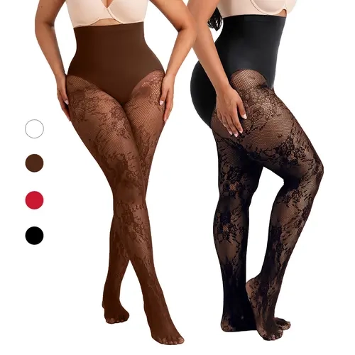 SHAPELLX Women's High-Waisted Tights - Floral Lace, Sheer, Slimming Tummy Control, Light Support, Anti-Slip Waistband, Breathable Mesh for Daily Wear