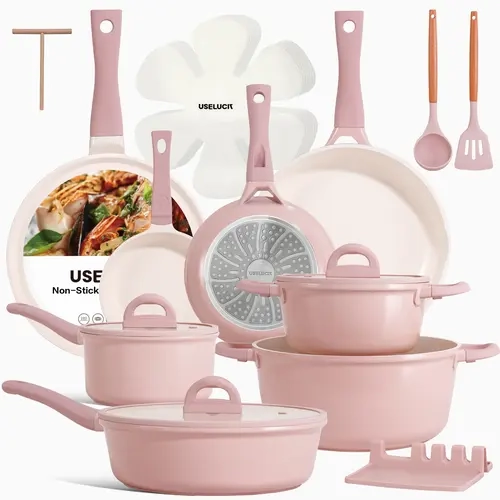 USELUCK Seasonal Limited 22-Piece Nontoxic Cookware Set, Non-Stick Ceramic Coated Granite Look Pots and Pans Set with Glass Lids, Induction Safe, PFOA-PFOS-Free, Includes Crepe Frying Pan, Induction Safe Cookware