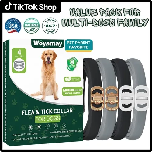 Woyamay 4-Pack Dog Flea Tick Repellent Collars - 32-Month Long-Lasting Tick Prevention, Natural Essential Oil Treatment, Waterproof, Adjustable, Soft-Edge, Lightweight Fit for All Dog Sizes & Breeds, Odorless, Non-Greasy