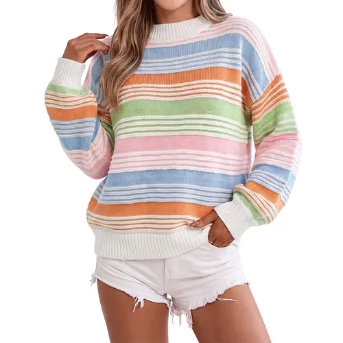 Shewin Women's Pure Cotton Striped Knit Pullover Sweater - Casual, Loose-Fit, Hip-Length Tunic with Drop Shoulders, Ribbed Cuffs, Stretch Fabric, Cold-Wash, Effortless Style Colorful Garments Tops for Women (Back to School Outfits)