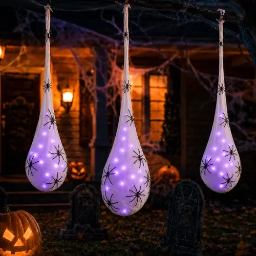 3.2FT Lifelike Lighted Spooky Spider Egg Sacs (3 Packs, Purple) - Artificial Hanging Halloween Ornaments, Party Decorations, Glow Party Accessories, Outdoor Indoor Decorative Supplies, Kids Gifts