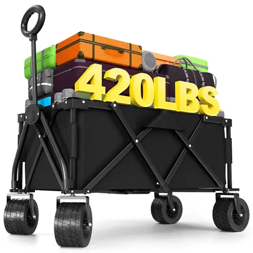 Foldable Heavy-Duty Wagon Cart with Steel Frame, 420Lb Capacity, Extra Large All-Terrain Wheels with Brakes & Side Pockets for Outdoor Camping, Hiking Tasks (Black), Wagon Cart Foldable