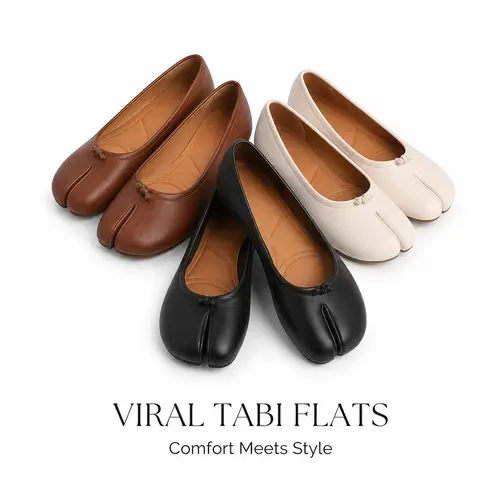 Women's Finger-Toe Tabi Ballet Flats - Minimalist Solid Color Formal Casual Footwear, Plain Slip-On Shoes with Rubber Upper, PU Sole for Everyday Comfort