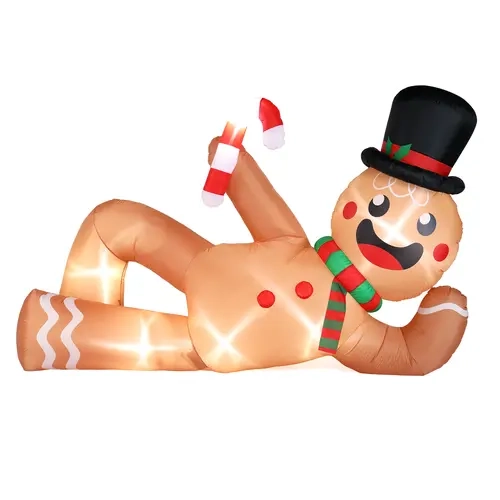 Ubesgoo 9.8 FT Waterproof Plastic Lighted Christmas Inflatable Backdrop Photo Set - Funny Lying Gingerbread Man Inflatable Mascot Christmas Decor, Built-in LED Lights, Magical Hat, Holiday Party Front Yard Decoration