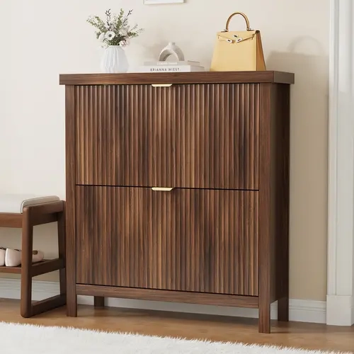 Garvee Fluted Shoe Storage Cabinet for Entryway - 2 Turnover Drawers, Space-Saving Shoe Organizer Cabinet - Dark Walnut Sophy