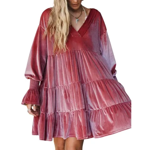 Fisoew Women's Soft Elegant Velvet Oversized Baby Doll Dress - V-Neck, Long Sleeve with Smocked Puffed Cuff, Loose Tiered Flowy Ruffle Swing, Silky Hem, Elastic Waist, Casual Evening Wear Flowy Ruffle Casual Womens Dresses