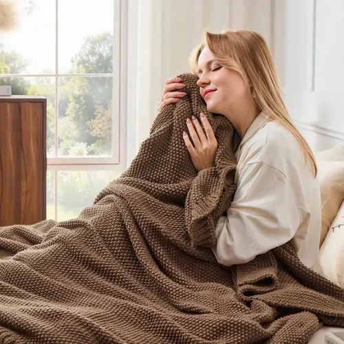Litanika Premium Reversible Geometric Chunky Knit Brown Throw Blanket - Recycled Polyester, Super Soft, Breathable, Heavy-Duty, Multifunctional Decorative Sofa Blanket for Couch, Farmhouse Aesthetic Home Decor