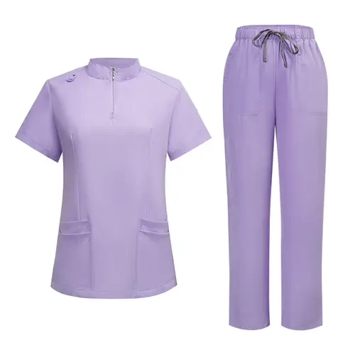 Unisex 2-Piece Basic Medical Wear Uniforms Set - Stand Collar Zippered Front Top, Solid Soft Fabric Straight Leg Pants for Operating Room