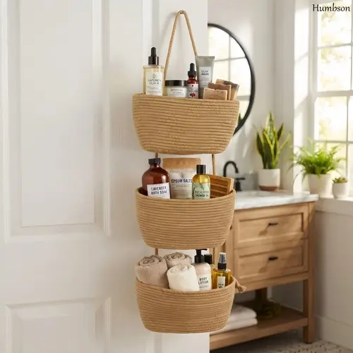 Humbson 3-Level Boho Jute & White Handwoven Over-The-Door Hanging Organizer with Hooks - Portable Pantry Baskets, Home Goods for Storage, Room Decoration