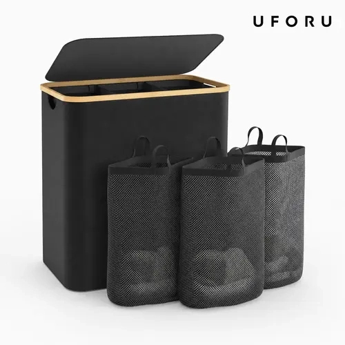 UFORU 160L Dustproof Plastic Laundry Basket with Lid, 3-Section Extra Large Household Organizer with Removable Inner Bags & Labels, Foldable Storage for Bedroom, Bathroom, Plastic Laundry Baskets