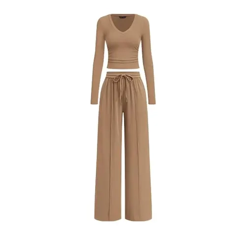 PRETTYGARDEN Women's 2 Piece Lounge Sets Matching Clothing | V Neck Long Sleeve Tops, Wide Leg Pants Pockets, Airport Travel Outfits, Soft Ribbed Knit, Drawstring Waist, Fall Resort Wear