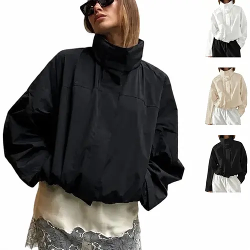 Buenoble Women Oversized Cropped Stand Collar Windbreaker Lightweight Half Zip Casual Jacket Sun Protection Spring Fall Outerwear