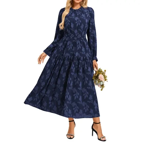 【Grace Karin】Women's Long-Sleeve Lacy Boho Round Neck A-Line Floor-Length Flowy Gown - Elastic Waist, Pocketed Formal Wedding Guest Dresses for Fall, Long Dresses for Women