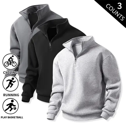 Men’s three-pack quarter-zip sweatshirts — casual, soft style with a half-zip design, soft stand collar, loose athletic long-sleeve pullover, suitable for men’s wardrobes.