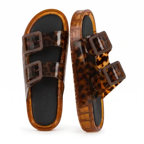 BERNESS Denise Women's Minimalist Jelly Slip-On Sandals - Open-Toe, Plastic Upper, Rubber Sole, Low Wedge, Transparent Double Buckle, Vacation & Casual Footwear, Minimalist Sandals