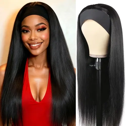 Women's 28in Black Straight Fashion Headband Style Long Hair Wig - Glueless, Heat-Resistant Synthetic Full Machine Wig with Natural Look for Daily Party Use