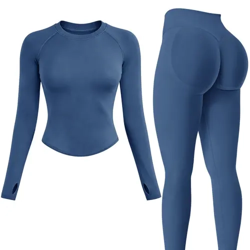 Women's 2-Piece Thermal Ski Base Layer Set, Stretchy Crew-Neck Slim Long-Sleeve Top with Thumb Holes & Butt-Lifting Athletic Pants, Sweat-Wicking & Warming Functional Undergarment Outfit for Outdoor Skiing, Cycling & Hiking