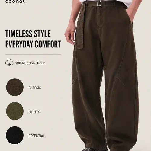 Men’s Vintage 100% Cotton Wide Leg Pants, Relaxed Baggy Fit with Curved Seam Detail and Adjustable Belt, Retro Streetwear Trousers