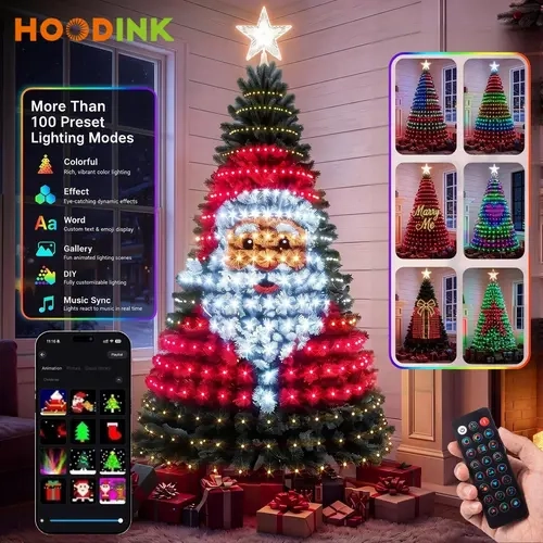 HOODINK Flocked Christmas Tree (Single Unit) with Smart RGB LED Lights, APP Control, Dimmable DIY Effects, Decorations and Ornaments, Led Illuminated Tree+Lights, Multi-Color Light-Up Festive Decor, Smart Control Home Decor