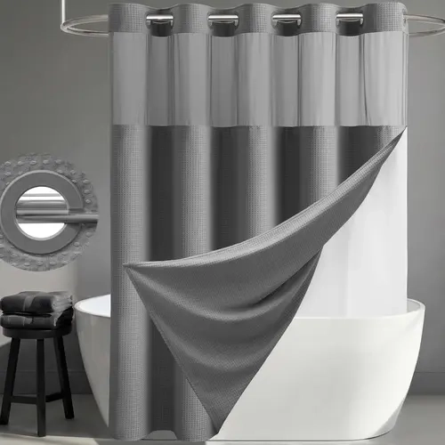 DYNAMENE Hookless Polyester Washable Waffle Weave Shower Curtain Set (Sohochic) - Heavy-Duty Double Layer with Snap-On Detachable Leakproof Liner, Mesh Window, Durable Hotel Bathroom Accessory, No Hook Shower Curtain & Liner Set, Hookless Shower Curtain,