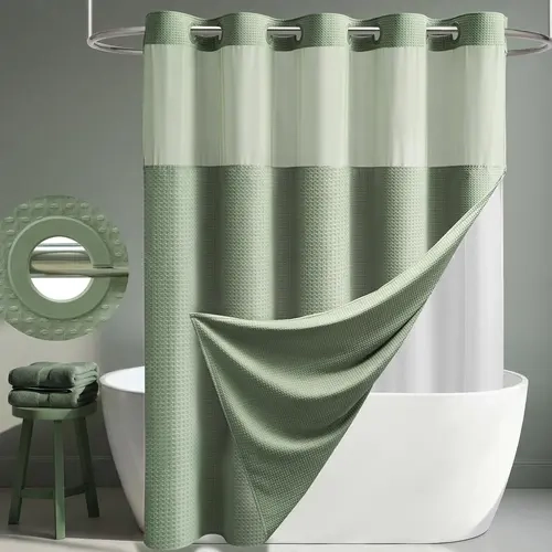 DYNAMENE Hookless Waffle Shower Curtain & Liner Set, Heavy-Duty Double-Layer Polyester Chic Hotel Accessory with Removable Snap-On Liner, Mesh Window, Waterproof Durable Multi-Size Option (No Hook Design, Bags Included), Hookless Shower Curtain