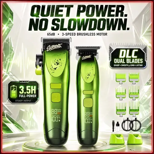 SUPRENT Kryptonite Professional Barber Clipper & Trimmer Set, 3-Speed Brushless Motor, DLC Steel Blades, 3.5H Runtime