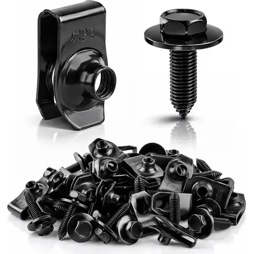 50PCS Automotive Black Metal Fasteners & Clips Repair Kit - 1/4" U-Nut Bolt, Strong-Hold Screws, Quick-Install Car Accessory Hardware for Fender, Panel Secure