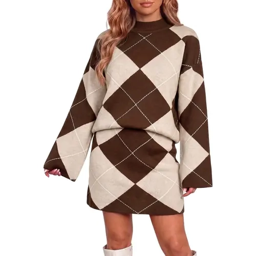 Wenrine Women's 2-Piece Argyle Print Knitted Blend Outfits - Longsleeves Funnel Neck Loose Sweater & Elastic High-Waist Mini Skirt for Fall Winter (Matching Sets for Women)