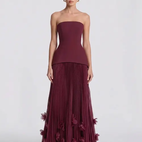 LikeMyChoice Strapless Peplum Pleated Maxi Gown 3D Floral Hem Formal Evening Dress For Women Wedding Guest