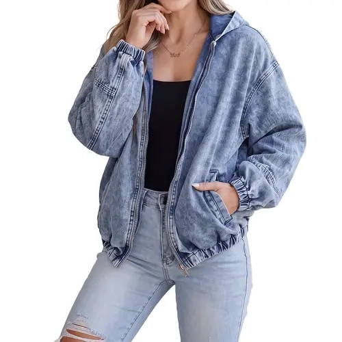 Shewin Lady's Easy-Fit Cotton Blend Bomber Jacket - Long-Sleeves, Full-Zip, Regular-Length Coats with Hood & Basic Collar, Minimalist Cotton Women's Casual Jackets Outerwear