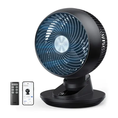 DREO Smart Adjustable Speeds Rotating Pedestal Fan - 12-in Round Head, Silent Mini Portable, Turbo Airflow, 85ft Range, 20dB Ultra Quiet, 90°+90° Oscillating, App & Voice Control, 9 Speeds, 8/12H Timer, Hand-Free for Bedroom Office Use, Adjustable Speeds