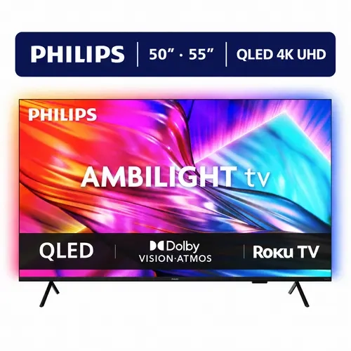 Philips 55 in Flat Panel 4K QLED Smart TV with Ambilight Immersive Light, UHD 2160p HDR Television, 120PMR Dynamic Lighting