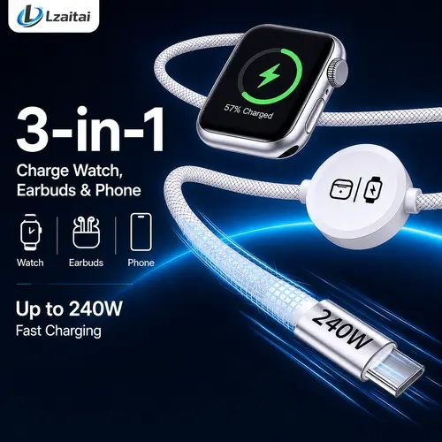 240W 3-in-1 USB-C Multi Charger with Built-In Magnetic Watch Charger, 5FT Braided USB-C Cable, EU Plug, Compatible with Smart Watches, Wireless Earbuds, iPhones, iPads, MacBooks, Samsung & Android Devices techvibes