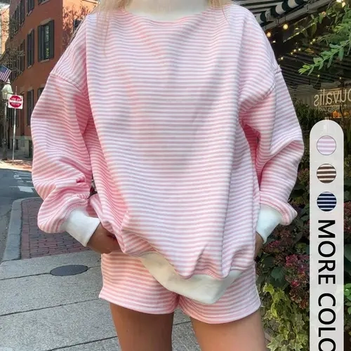 Women's 2-Piece Set, Round Neck Loose Long Sleeve Striped Top + Casual Shorts, Home Office, Colorblock Design, Daily Essential Clothes